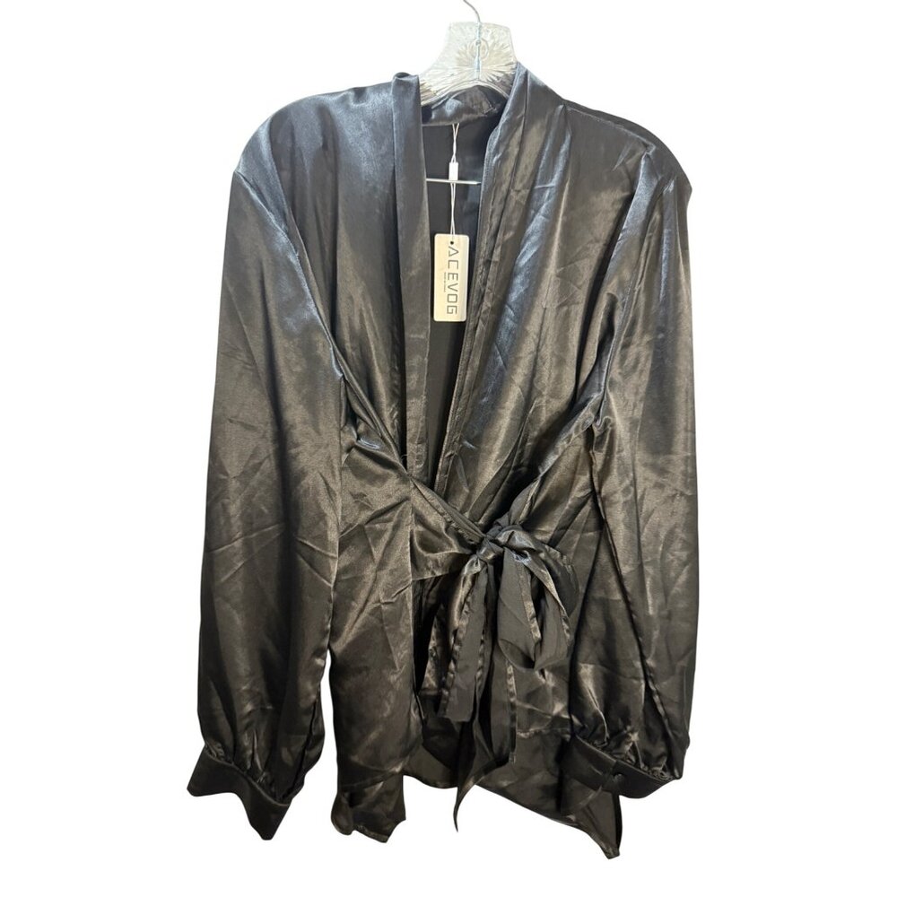 Acevog Womens Satin Black Wrap Robe With Tie Closure XL‎